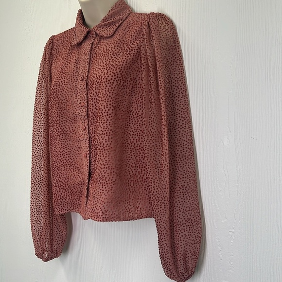 Lulus - Positive Influences Blush Pink Dotted Collared Button Up Blouse Size XS - Picture 8 of 13